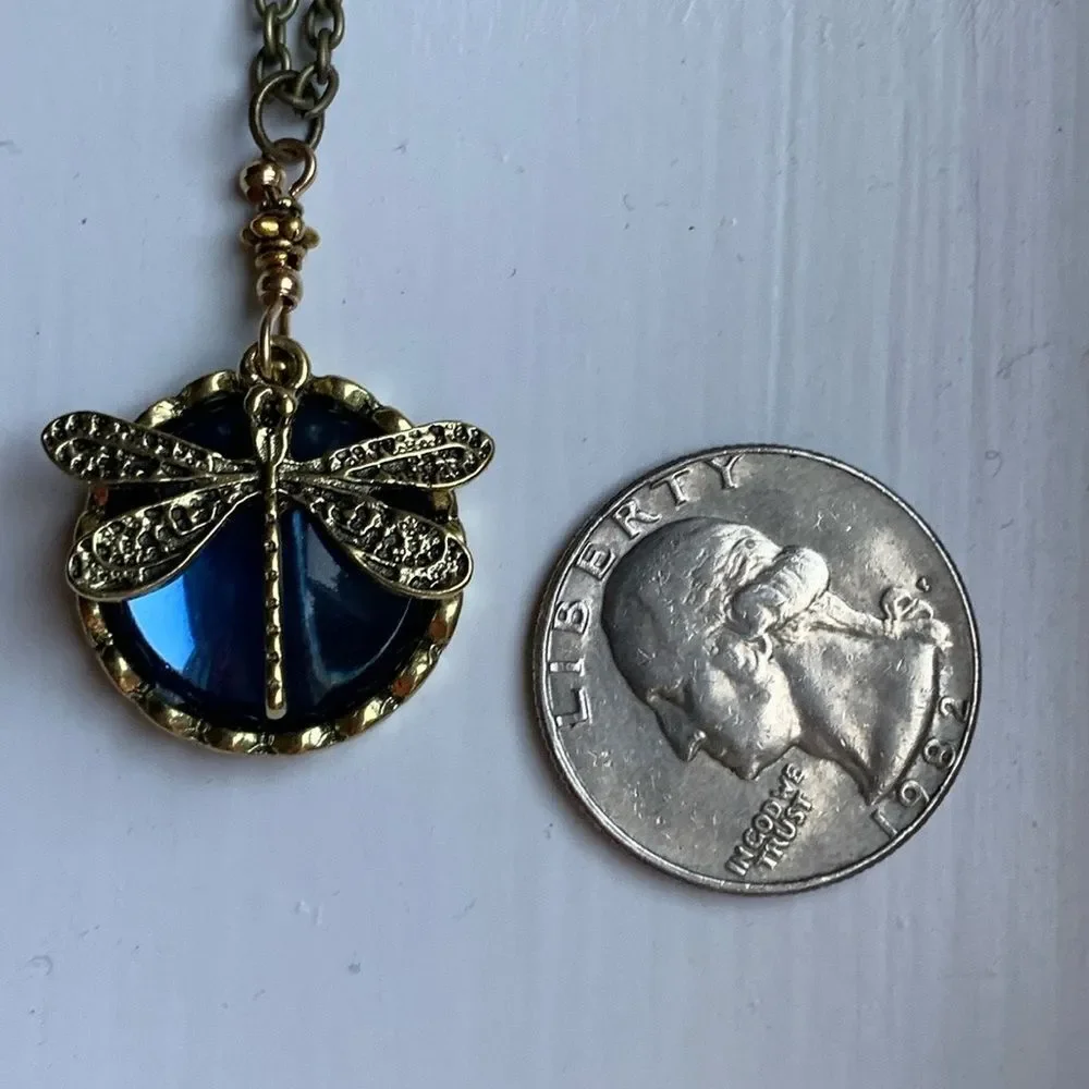 Blue Dragonfly Glass Pendant Necklace Victorian Garden Style